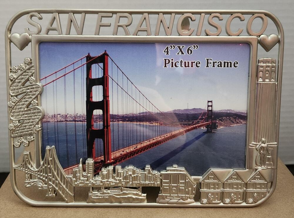 Vintage San Francisco Pewter Picture Frame 4x6 Landmark Icons Golden Gate Bridge